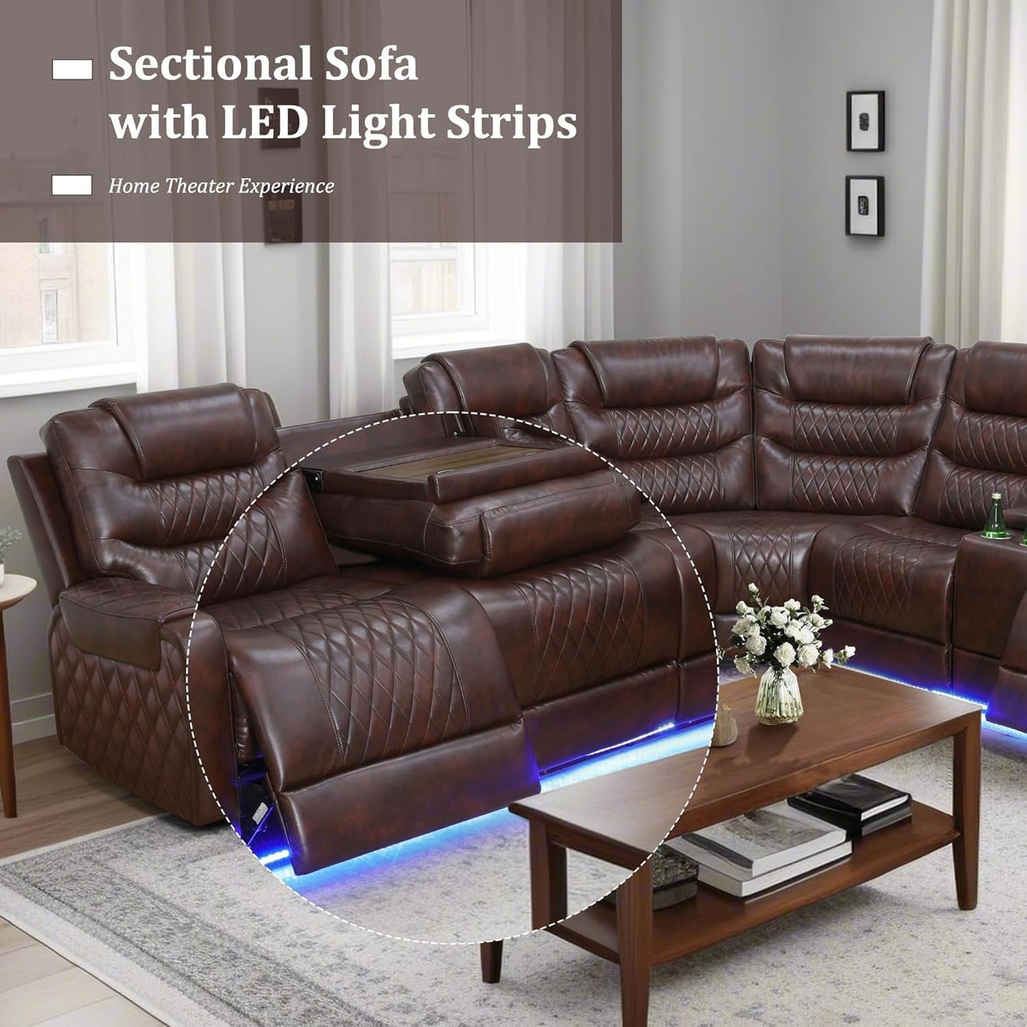 6-Seat Power Recliner Sectional LED, Leather, USB-3