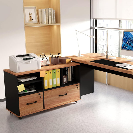 2 Drawer File Cabinet for Home Office, Lockable Rolling Filing Cabinet with Adjustable Shelves, Wood Lateral File Cabinet with Lock, Printer Stand Office Storage Cabinet, Rustic Brown & Black-1