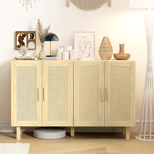 Sideboard Buffet Cabinet, Kitchen Cabinet, Coffee Bar Cabinet with 4 Rattan Doors and Adjustable Shelves, Natural-1