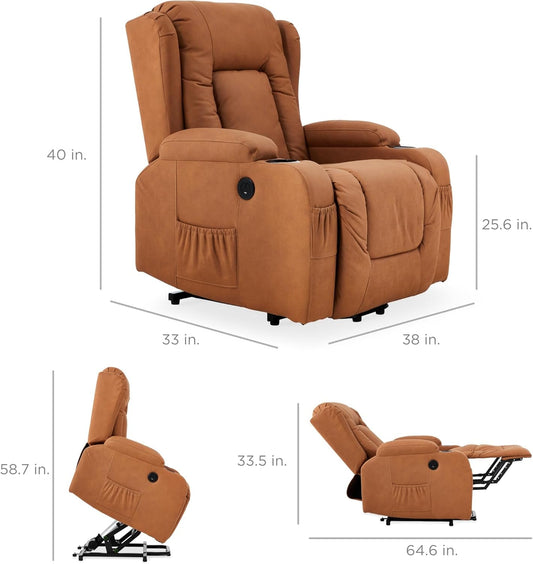 PU Leather Electric Power Lift Chair, Recliner Massage Chair, Adjustable Furniture for Back, Legs W/ 3 Positions, USB Port, Heat, Cupholders, Easy-To-Reach Side Button - Cognac-1