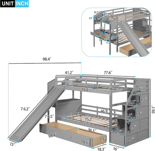 Twin over Twin Bunk Bed with Stairs, Slide, Desk, Solid Wood Bunk Bed with Storage Drawers and Shelves, for Kids Teens Adults (Gray)-1