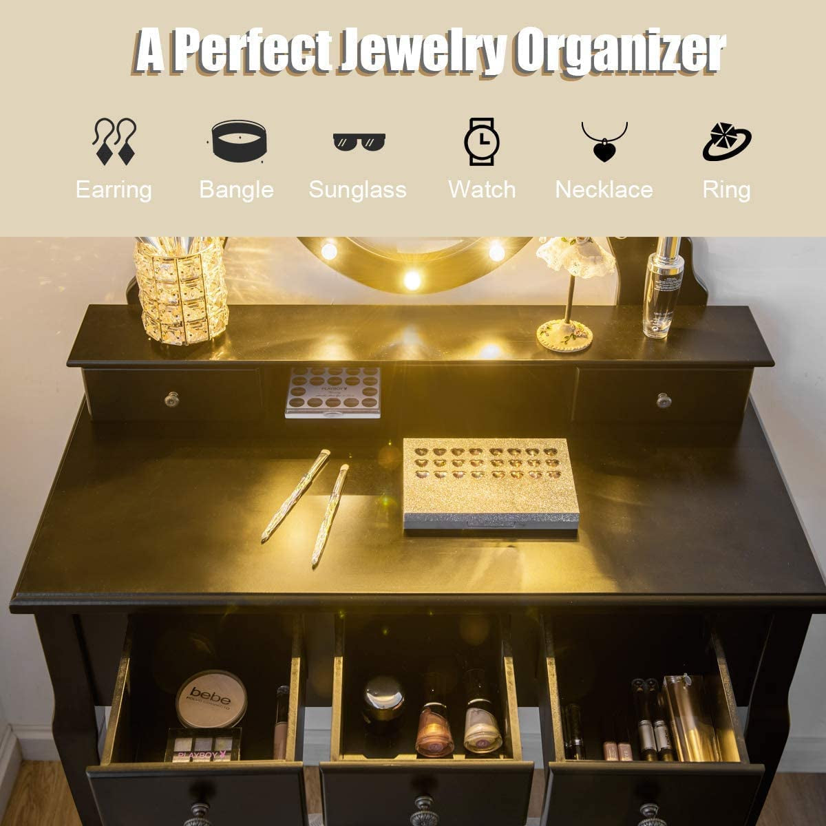 Black Vanity Dressing Table Set with Rotating Mirror-2