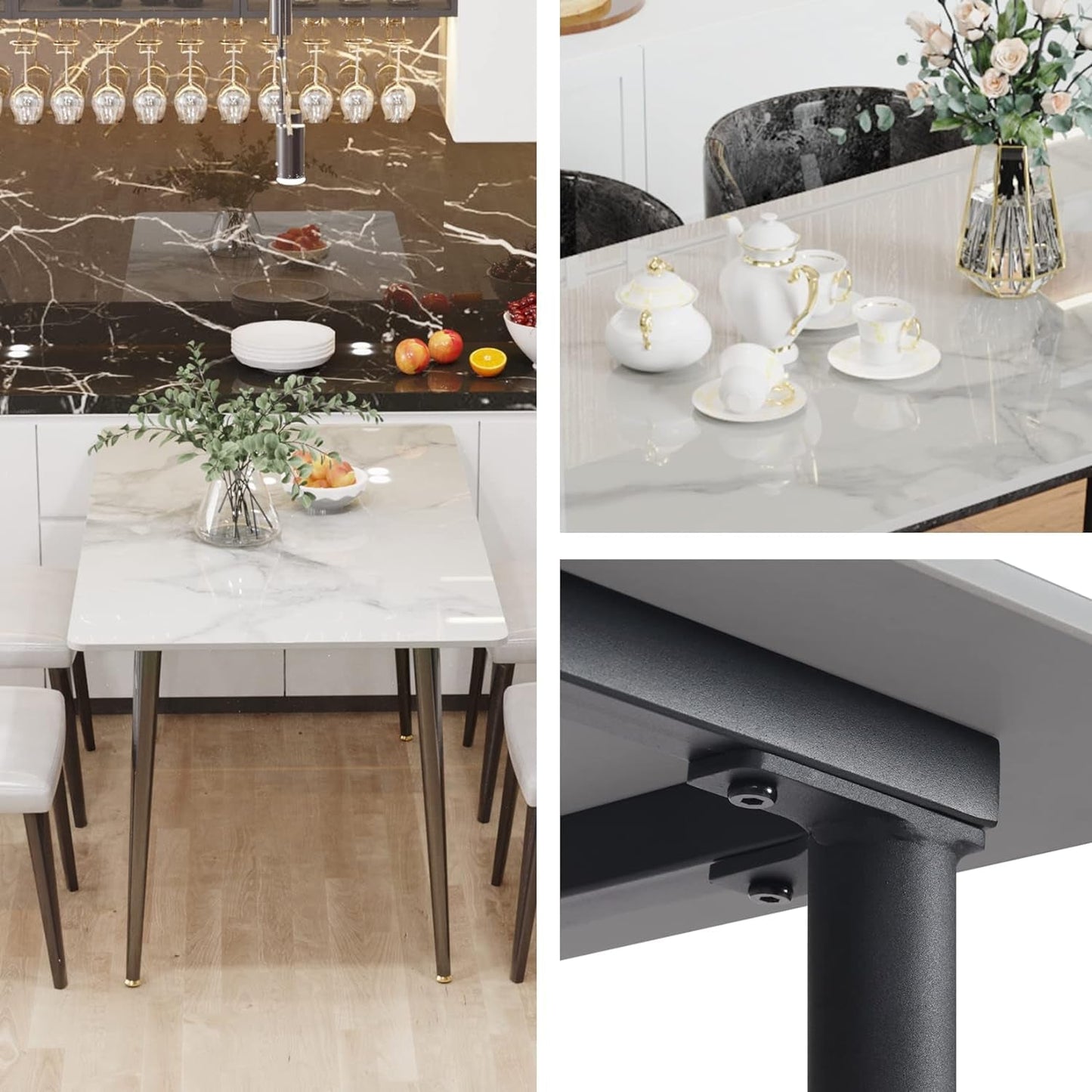 Sintered Stone Dining Table: 32 Inch Square White Kitchen Breakfast Table with Black Metal Legs - 30 Inch High Restaurant Table for 4-4