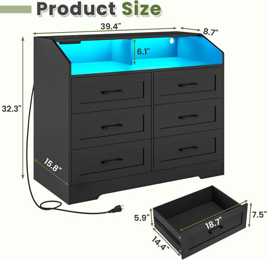 Black Dresser for Bedroom with LED Lights and Charging Station, Modern Wood 6 Drawers Storage Tower Clothes Organizer, Large Capacity Chest of Drawers Storage Cabinet for Bedroom, Living Room-1