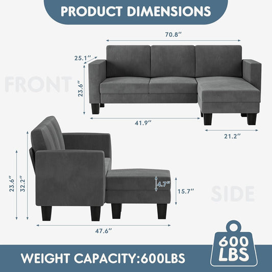 L-Shaped Convertible Sectional Sofa 3 Seater with Corduroy Fabric, Complete with Mobile Footrest, for Living Room, Apartment and Office, 70", Dark Gray-1