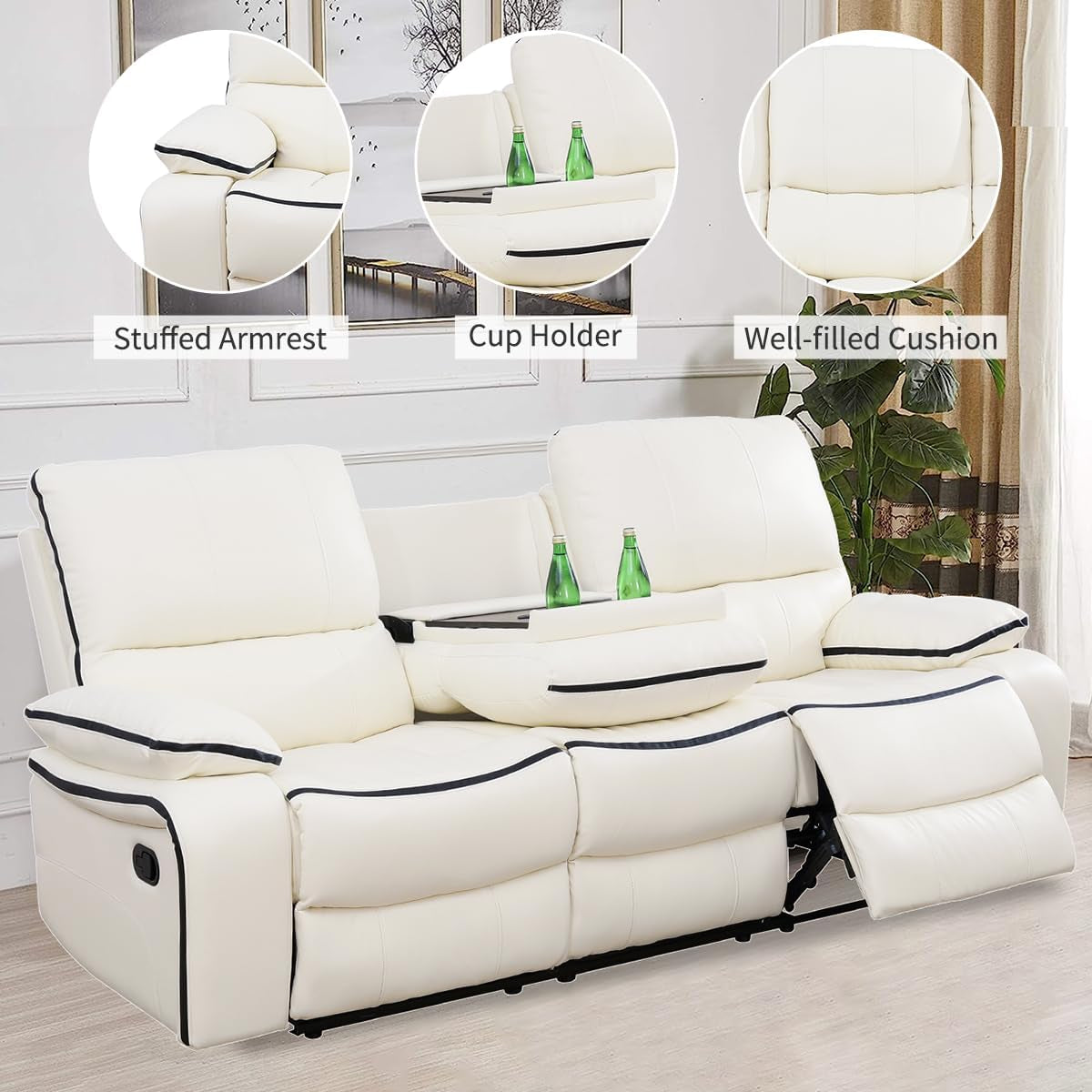 Leather Recliner Sofa Set,Leather Living Room Furniture Set with Storage Console/Cup Holders,Reclining Sofa Set for House/Home Theater(Sofa&Loveseat 2 Pieces,White)-4
