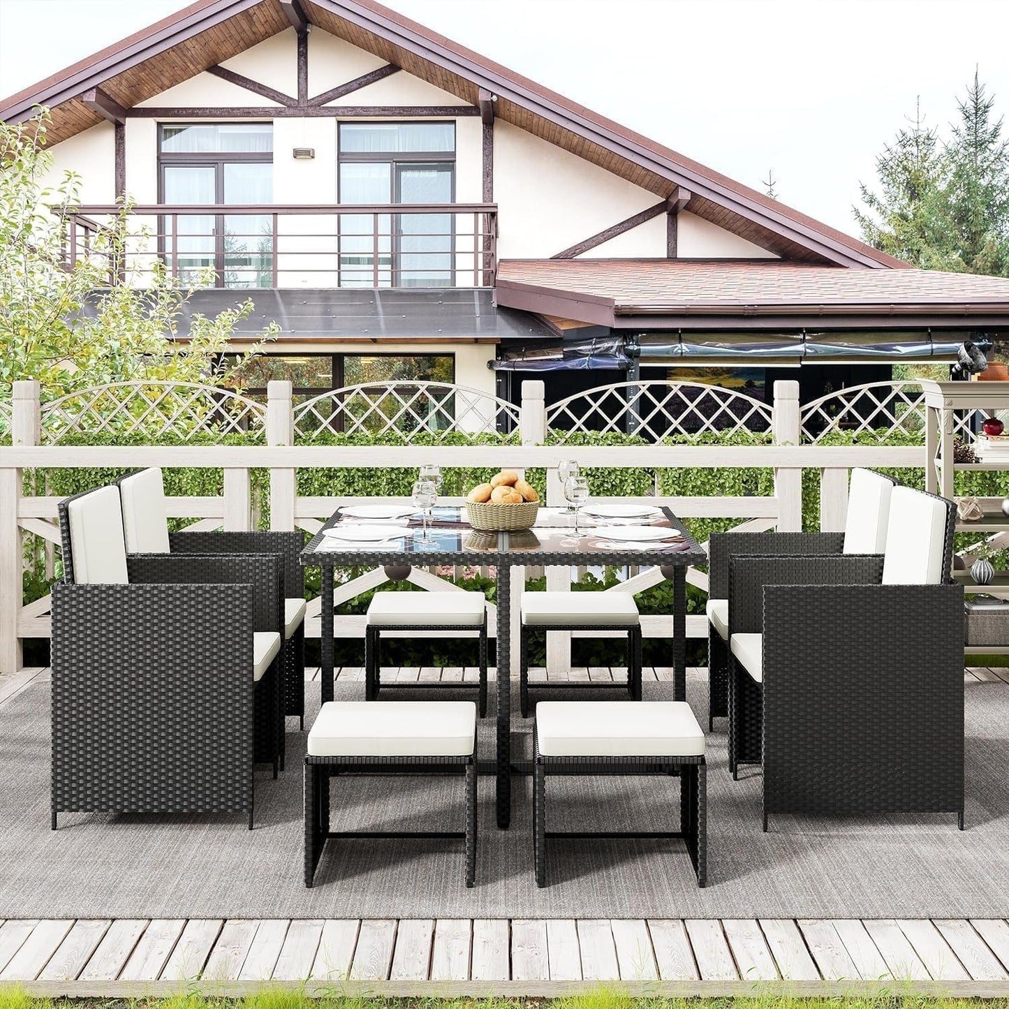 9 Pieces Patio Dining Sets Outdoor Conversation Sets, Space Saving Wicker Chairs with Glass Table and Ottomans, Cushioned Seating and Back Sectional Dining Sets(Bk-Wh)-4