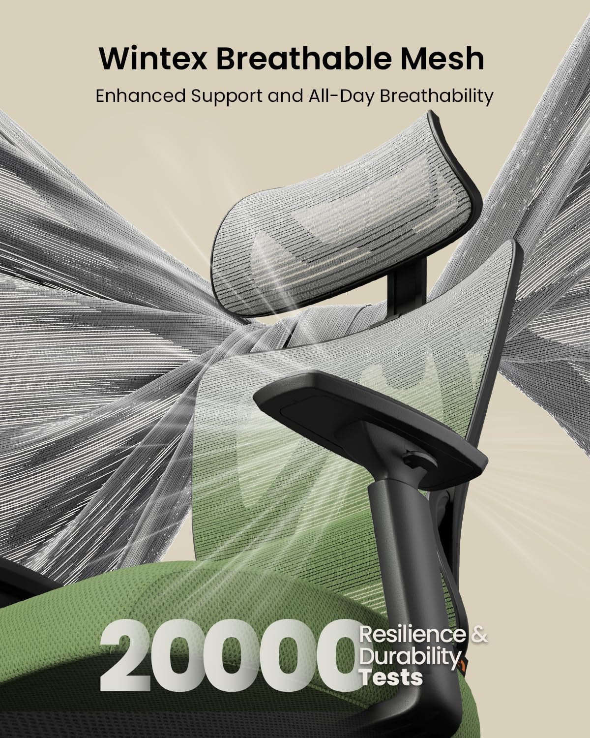 Ergonomic Office Chair with Adaptive Lumbar Support, Wintex Breathable Mesh Computer Chair with Headrest and Spring Cushion for Home Office, Desk Chair with Wheels EC100 (Green)-4