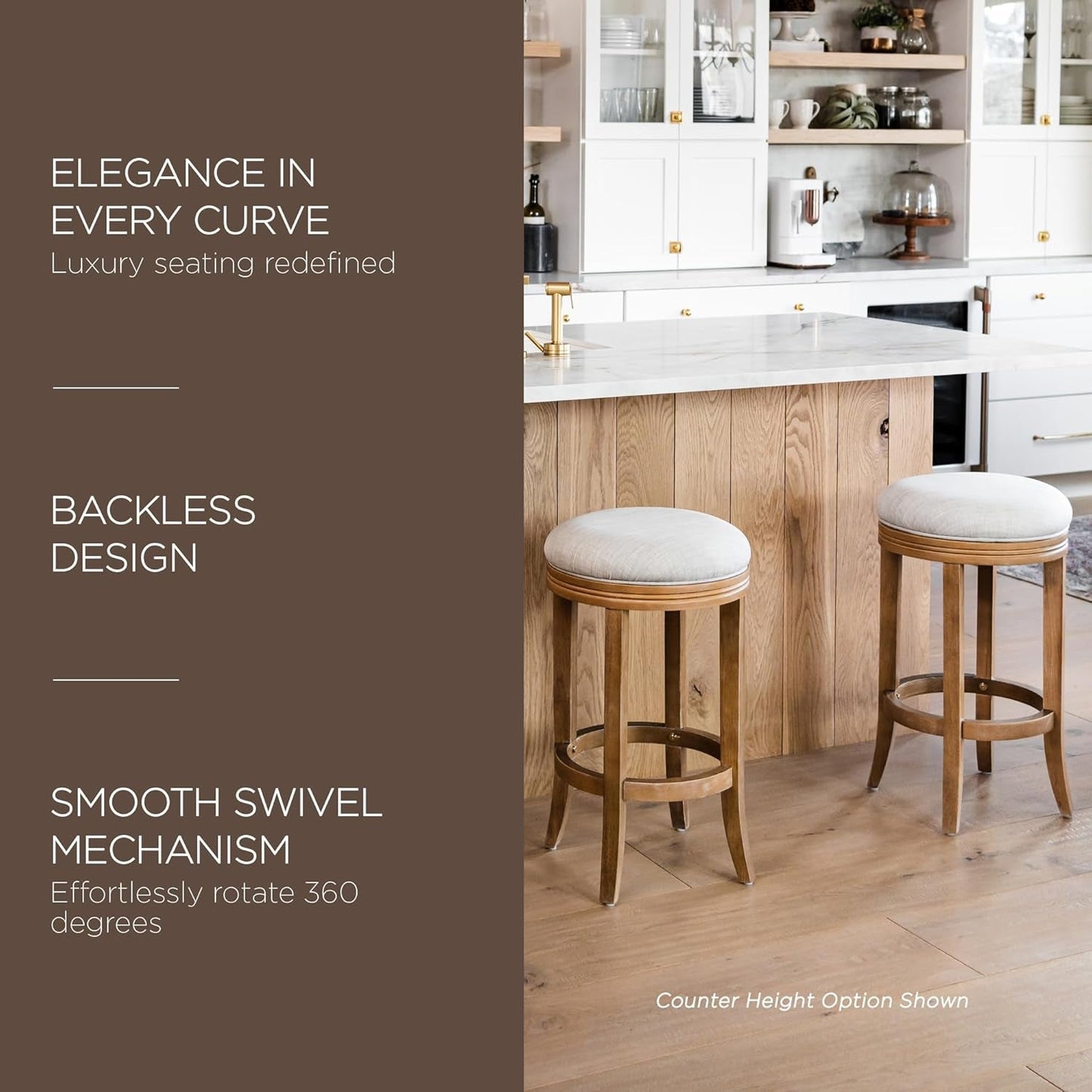Eva 31 Inch Tall Bar Height Rotating Backless Barstool in Weathered Oak Finish with Sand Color Fabric Upholstered Seat-3