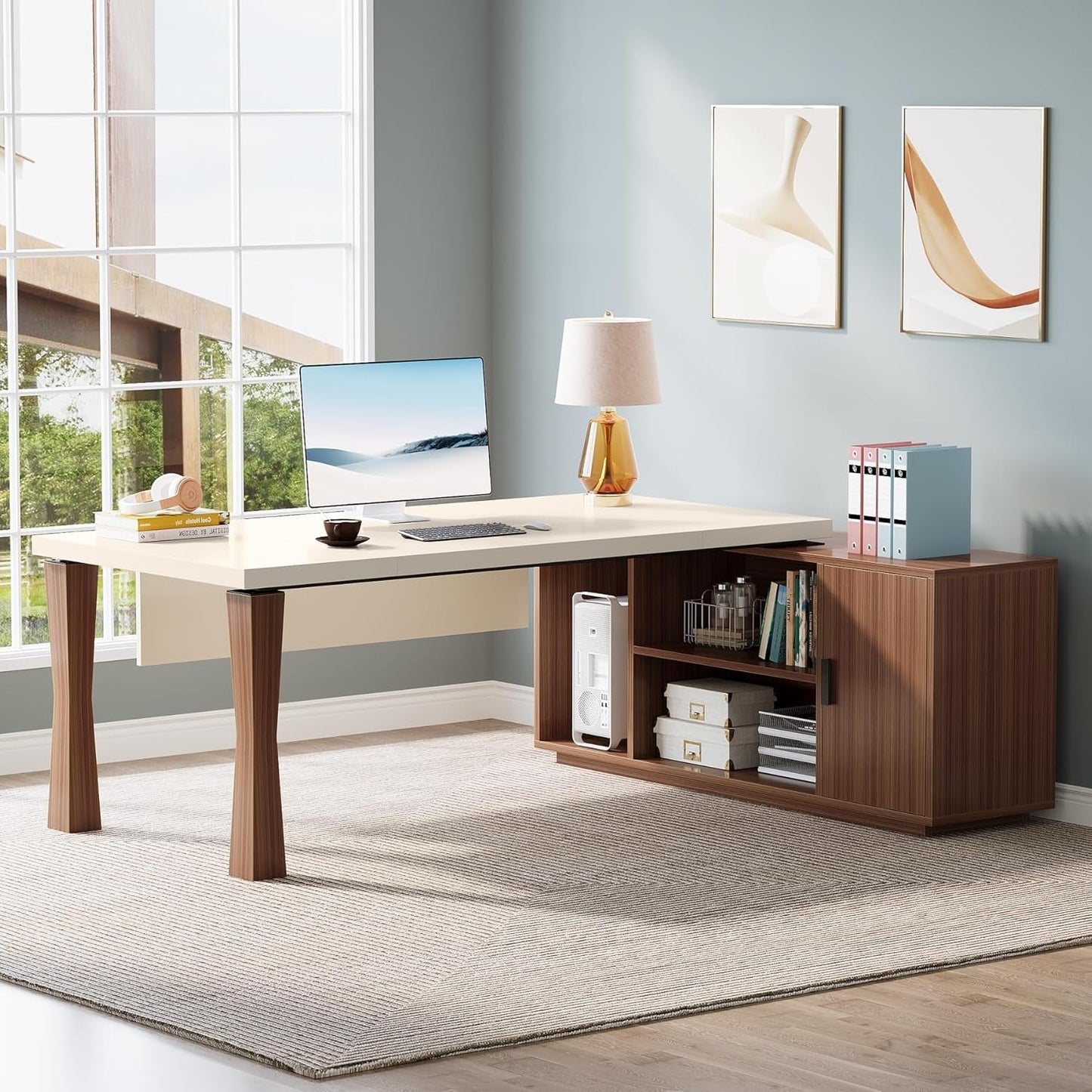 78.7-Inch Executive Desk, L-Shaped Desk with Cabinet, Large Office Desk with Storage Shelves, Writing Table Desk Business Furniture Set for Home Office, Cream White Walnut-3