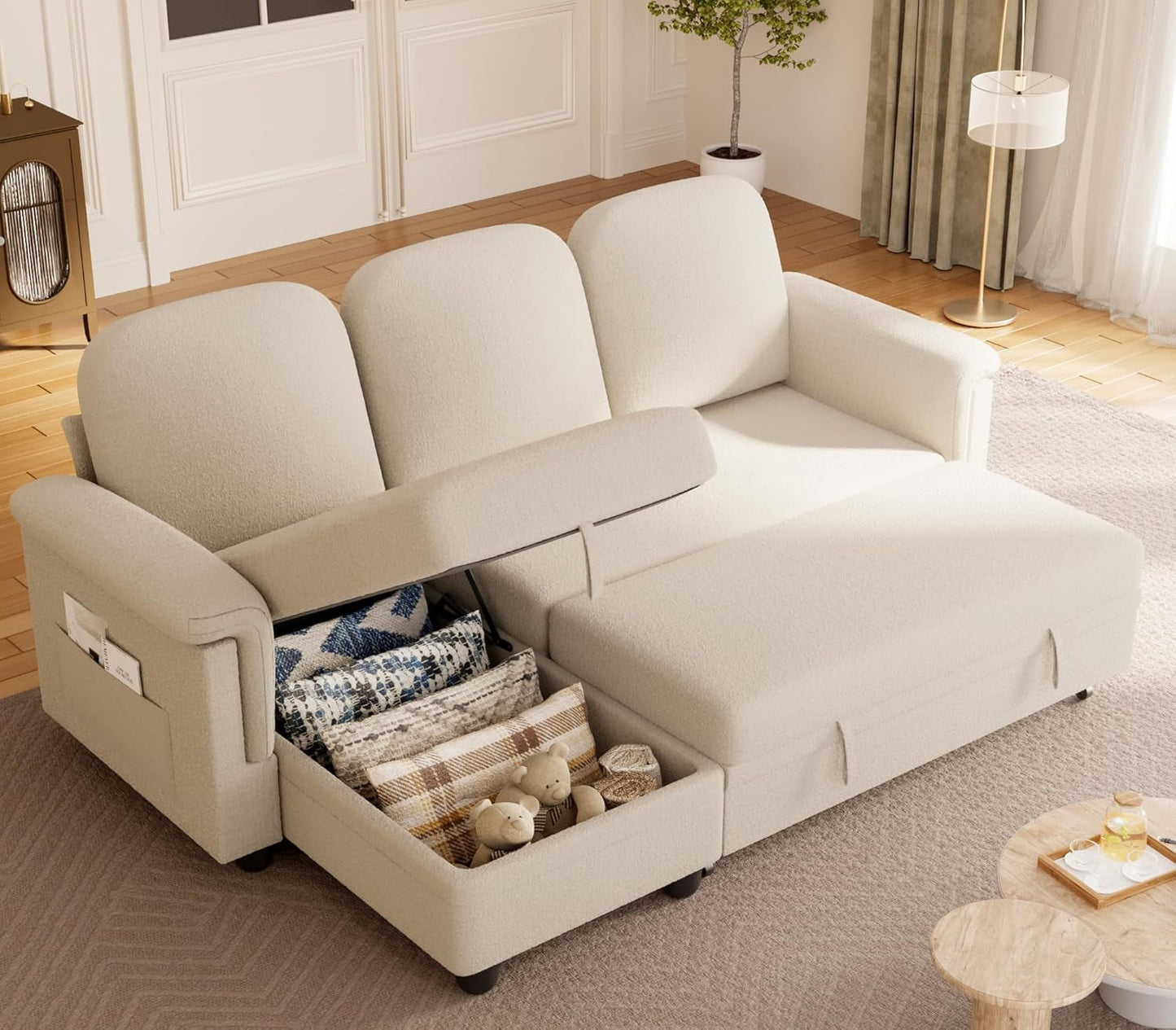 Sleeper L-Shaped Couch Sofa Bed Convertible Sectional Pull Out Couches,With Storage Space,For Living Room,Cotton(Beige)-0