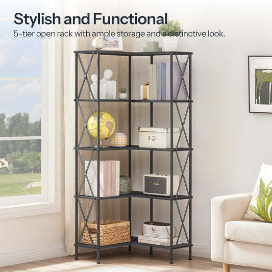 Corner Bookshelf, 5-Tier L-Shaped Bookcase, Industrial Open Display Shelf Tall Storage Organizer, Vertical Storage Rack, for Living Room, Home Office, Black BB60SJ01-1