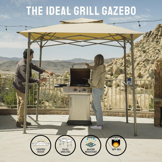 8X5 Grill Gazebo - Pop up Canopy for BBQ and Backyard Patio - Easy Outdoor Barbecue Shade Cover with Double Tier Vented Top & 2 Side Shelves (Beige)-1