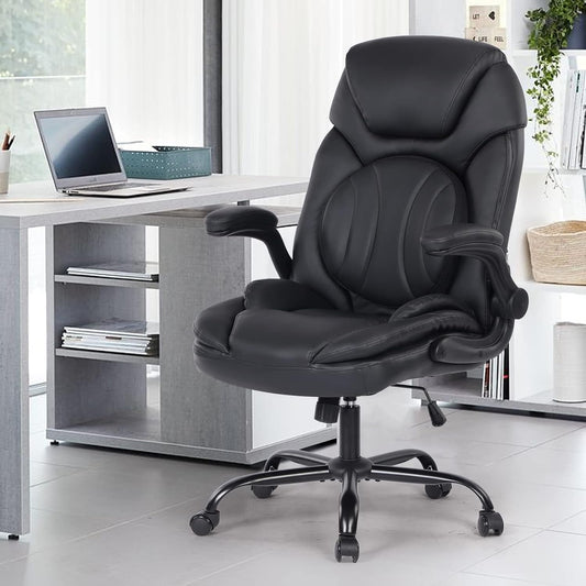 Ergonomic Executive Office Chairs with Lumbar Support, PU Leather Home Office Desk Chairs with Wheels and Flip up Arms, 90-120° Rocking Managerial Executive Chair (Black),Medium(300Lbs)-1