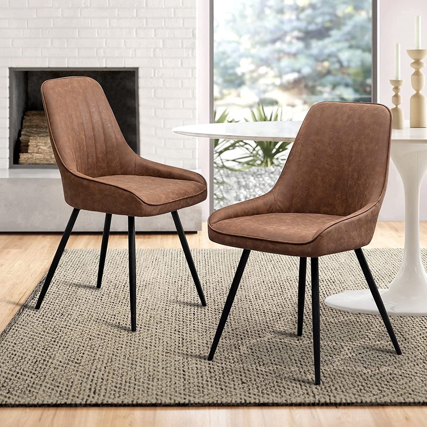 Set of 2 Brown Faux Leather Mid Century Modern Dining Accent Chairs, Metal Legs-3