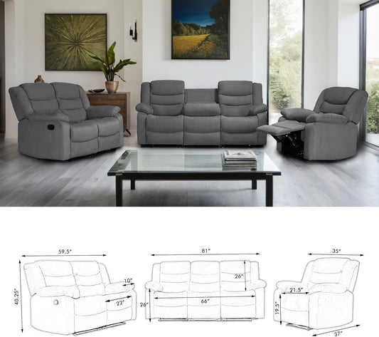 Recliner Sofa Set, Microfiber Manual Reclining Couch Set, 3 Piece Recliner Set with Loveseat, Dropdown Table& Cup Holders, Living Room/Office/Theater Seating (Gray)-1