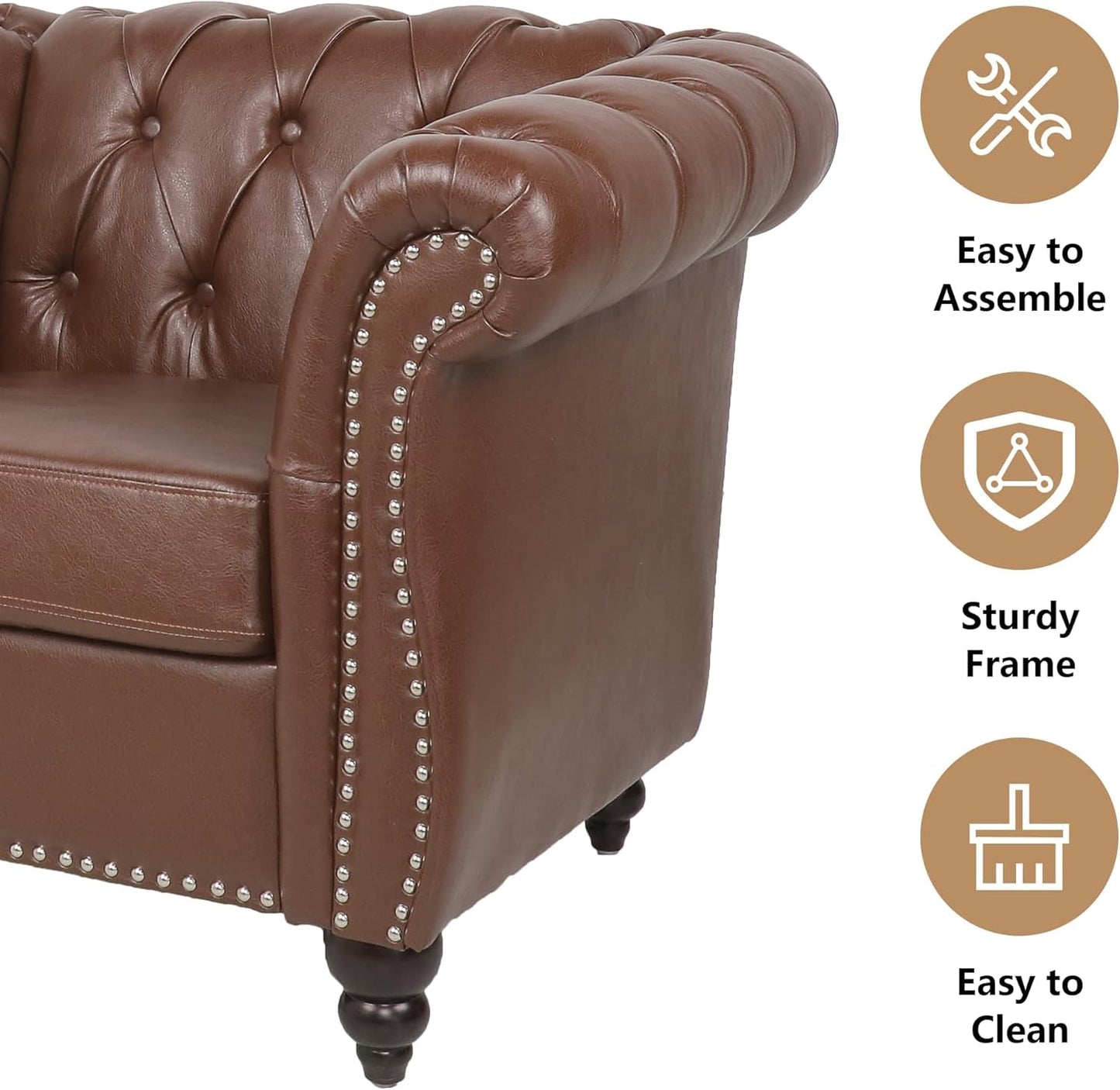 3 Piece Living Room Set, Sectional Chesterfield Sofa Chair Contemporary Upholstered Leather Loveseat Couch Sets for Living Room, Bedroom, Office-4