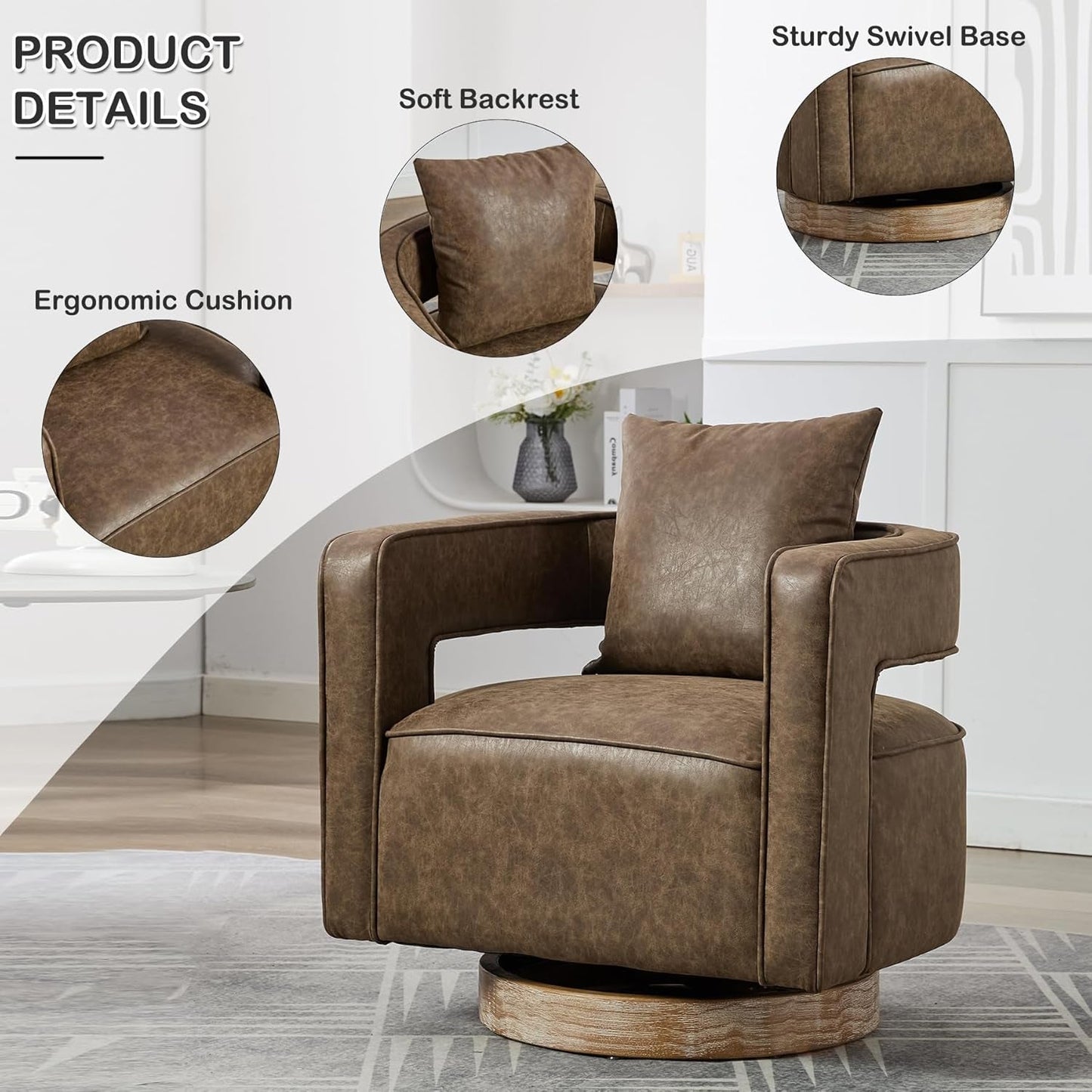 Swivel Accent Chair Set of 2, Modern Swivel Barrel Chair for Living Room, 360 Degree Comfy Square Swivel Chair with Open Back, Upholstered Armchair for Bedroom,Reading, PU Leather, Coffee-4