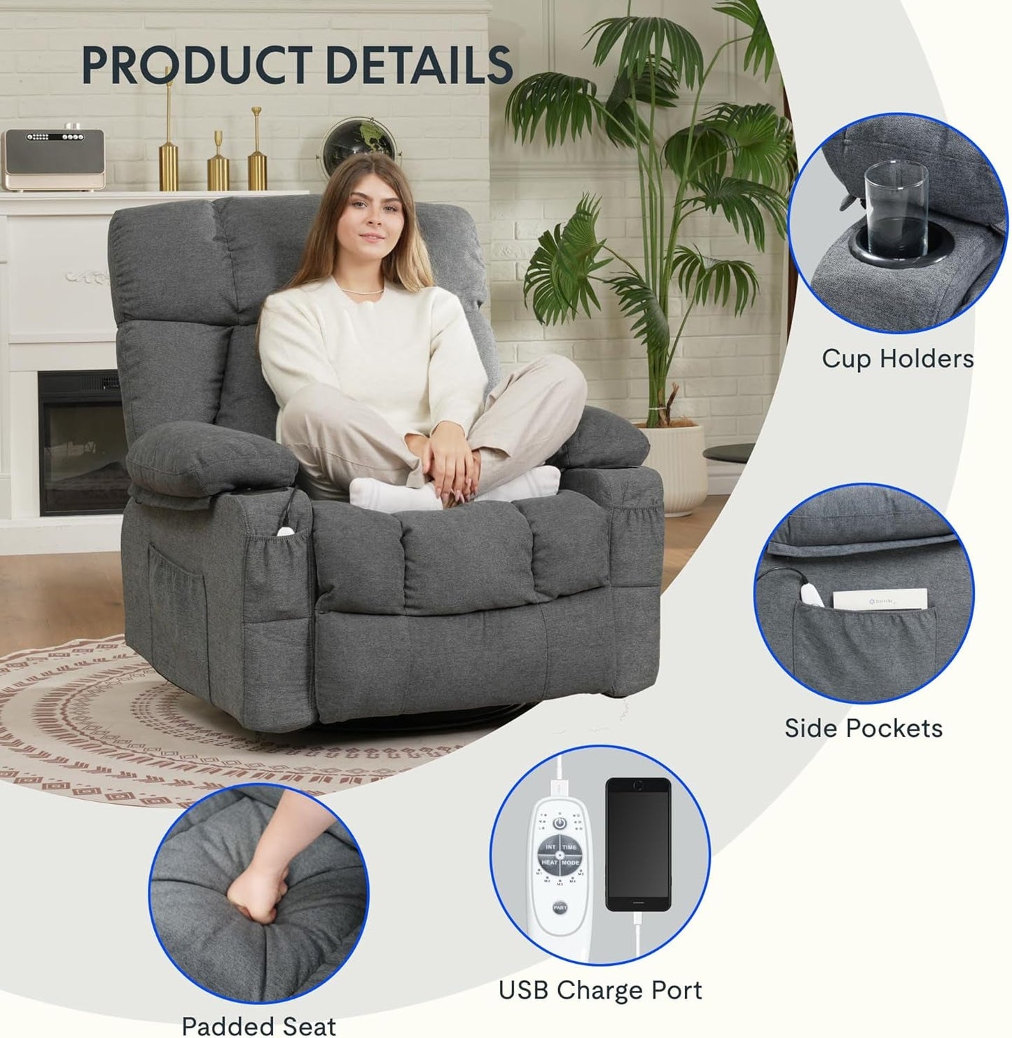 XRC3 Rocker Recliner Chair for Adults W/Massage & Heat, 360° Swivel Recliner Chair W/Cup Holders, USB Port, Manual Glider Rocking Chair for Living Room Nusery, Gray-4