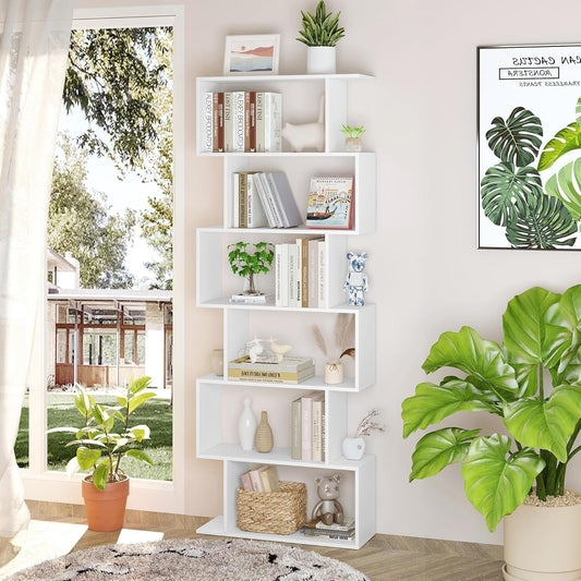 S Shaped Bookshelf, Modern Geometric Bookcase, 6-Tier White Display Case Book Shelf-1