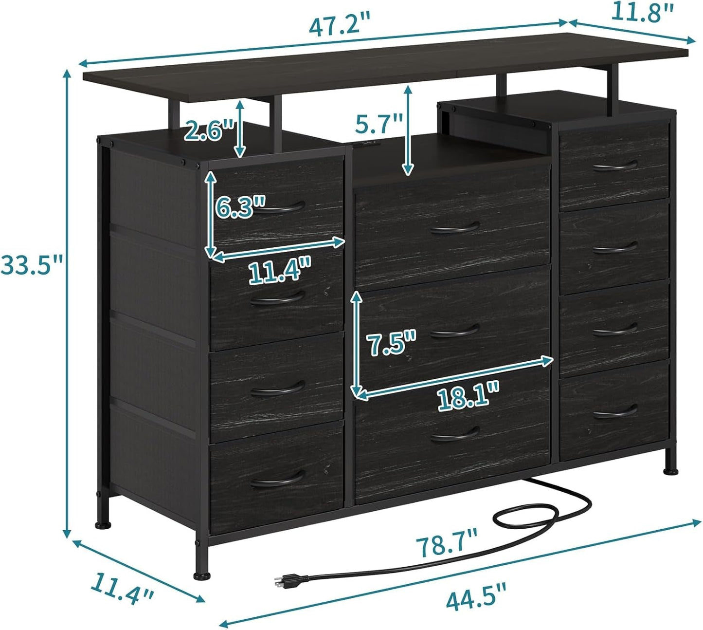 11 Drawers Dresser with Fabric Drawers,Charging Station, LED Lights and Shelves for Bedroom, Living Room, Hallway, Nursery Storage Organization (Black Wood Veins)-2
