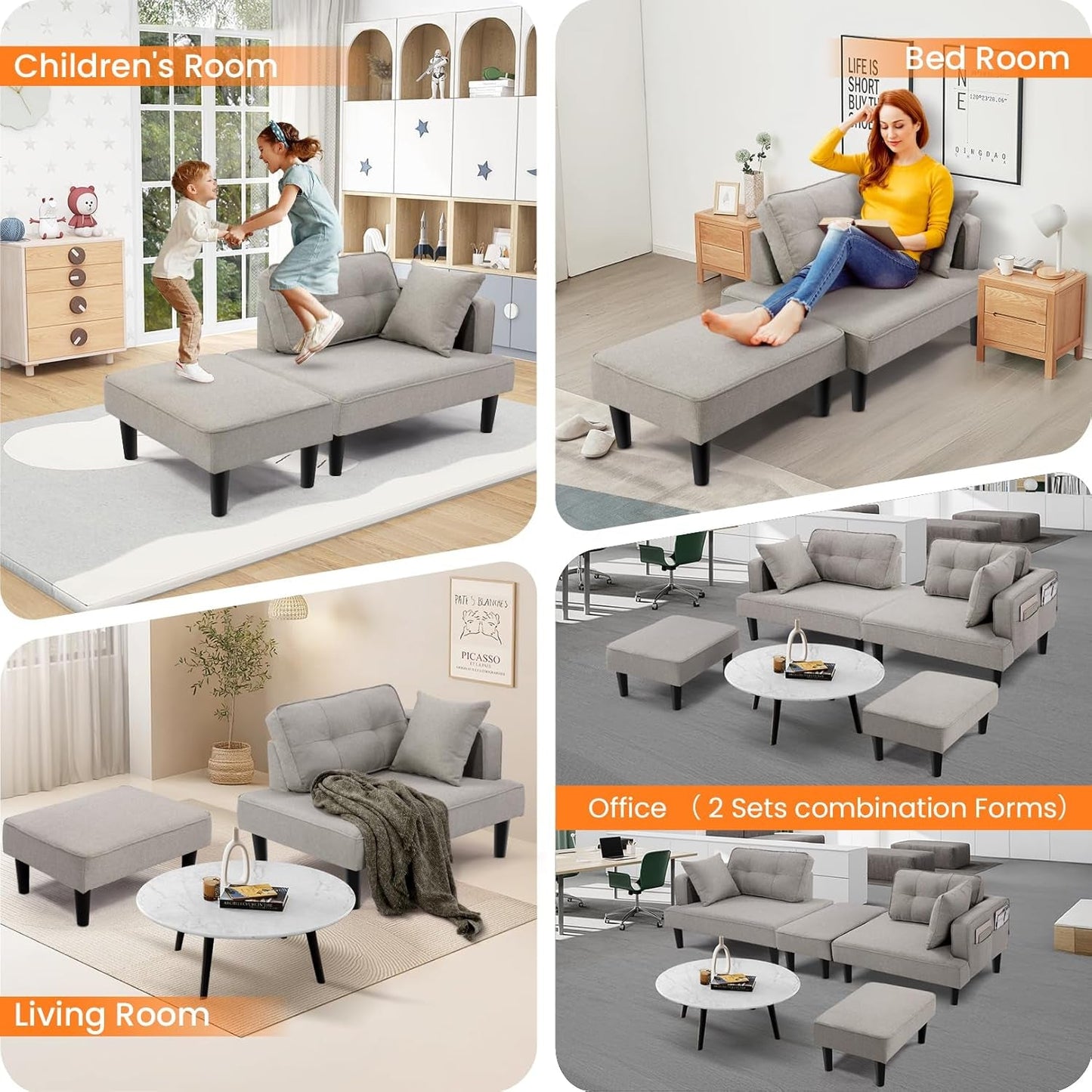 Recliner Sofa Bed Modular Sectional Convertible Sofa for Small Space, Flexible Combination Corner Couch with Ottoman, Modern Flax Fabric Loveseat for Apartment Sleeping Room Living Room,Right Armrest-2