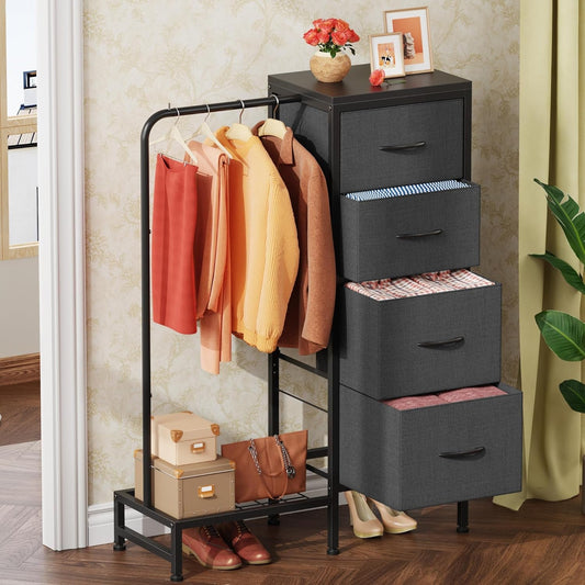 Dresser with Hanging Rack, 4 Drawers Small Dresser for Bedroom, Reversable Fabric Kids Dresser for Closet with Clothes Rack, Tall Chest of Drawers, Sturdy Frame, Grey, 44''H-1
