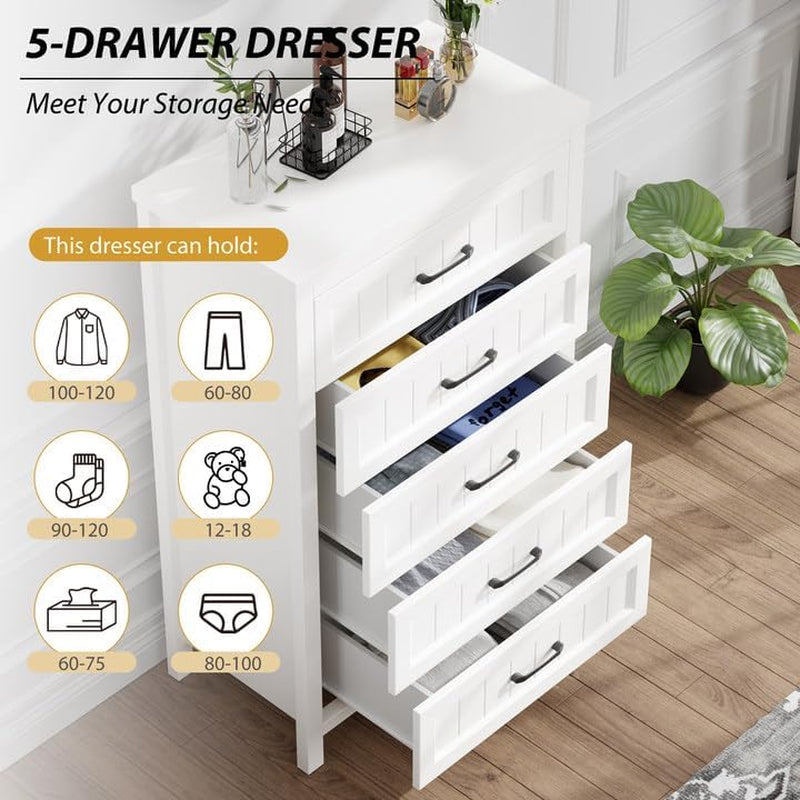 Elegant White Farmhouse 5 Drawer Dresser for Bedroom - Tall Chest of Dresser with Spacious Storage, Solid Wood Construction for Living Room, Hallway & Entryway - White-2