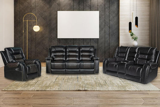 PU Leather Sofa Set, 3 Pieces Living Room Set with Cup Holders, Manual Recliner Sofa &Loveseat & Chair, Black-1