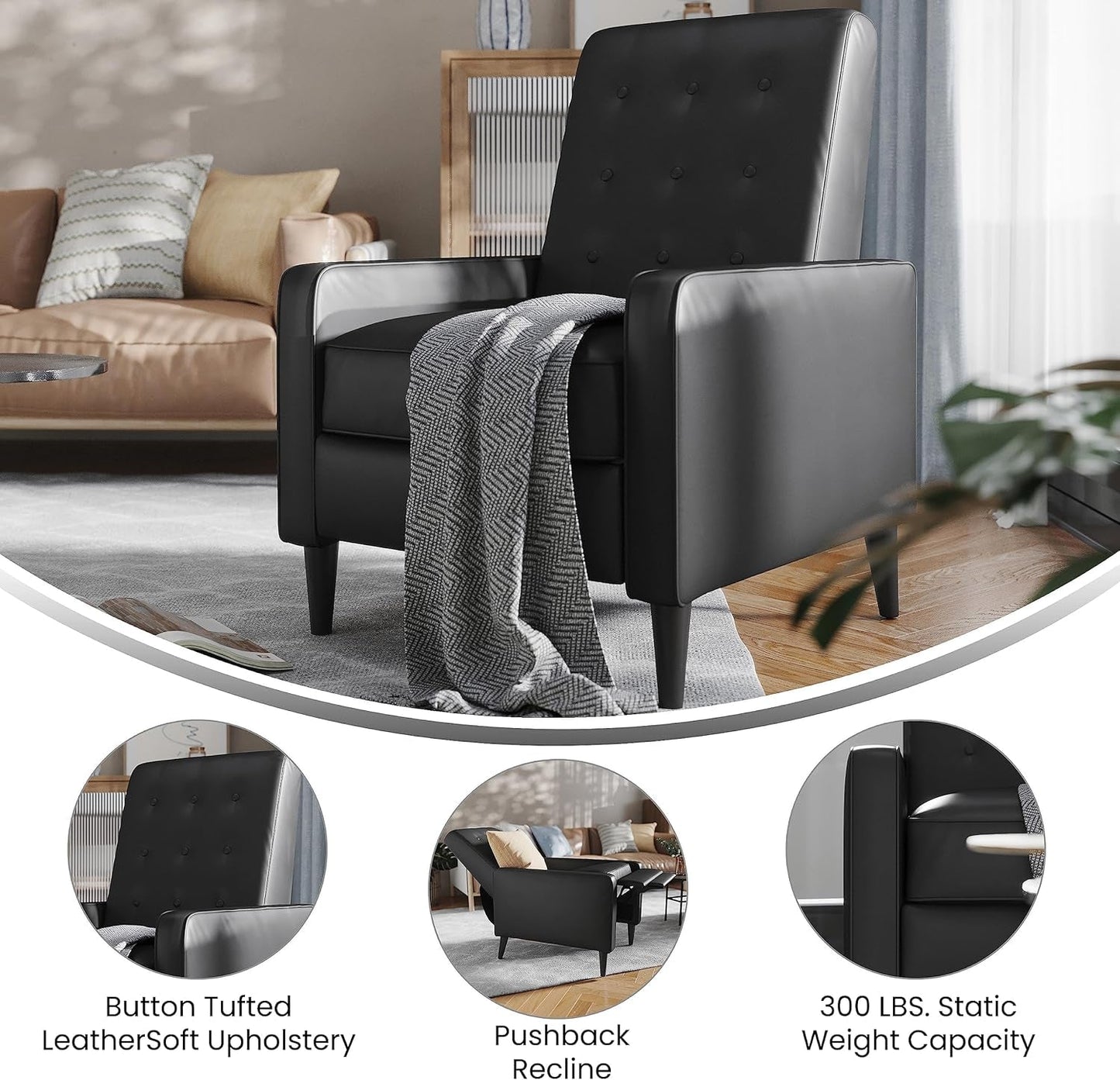 Ezra Pushback Recliner - Mid-Century Modern Black Leathersoft Upholstery - Button Tufted Back - Residential & Commercial Use-3