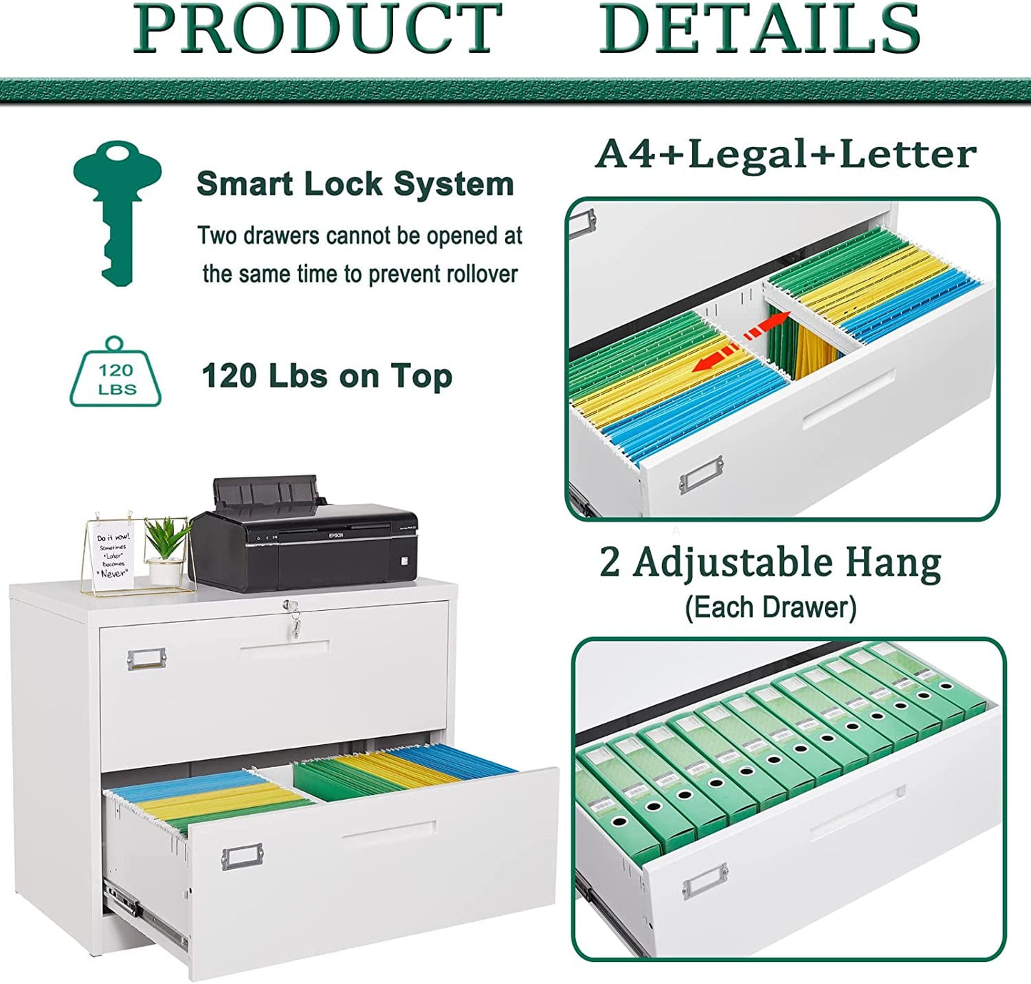 White 2-Drawer Metal Filing Cabinet with Lock-3
