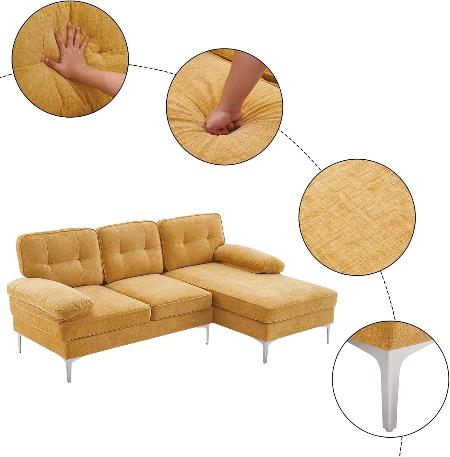 Sectional Sofa 83" L-Shape Sofa Couch 3-Seat Couch with Chaise Chenillefabric Upholstered for Living Room, Apartment, Office, Yellow-3