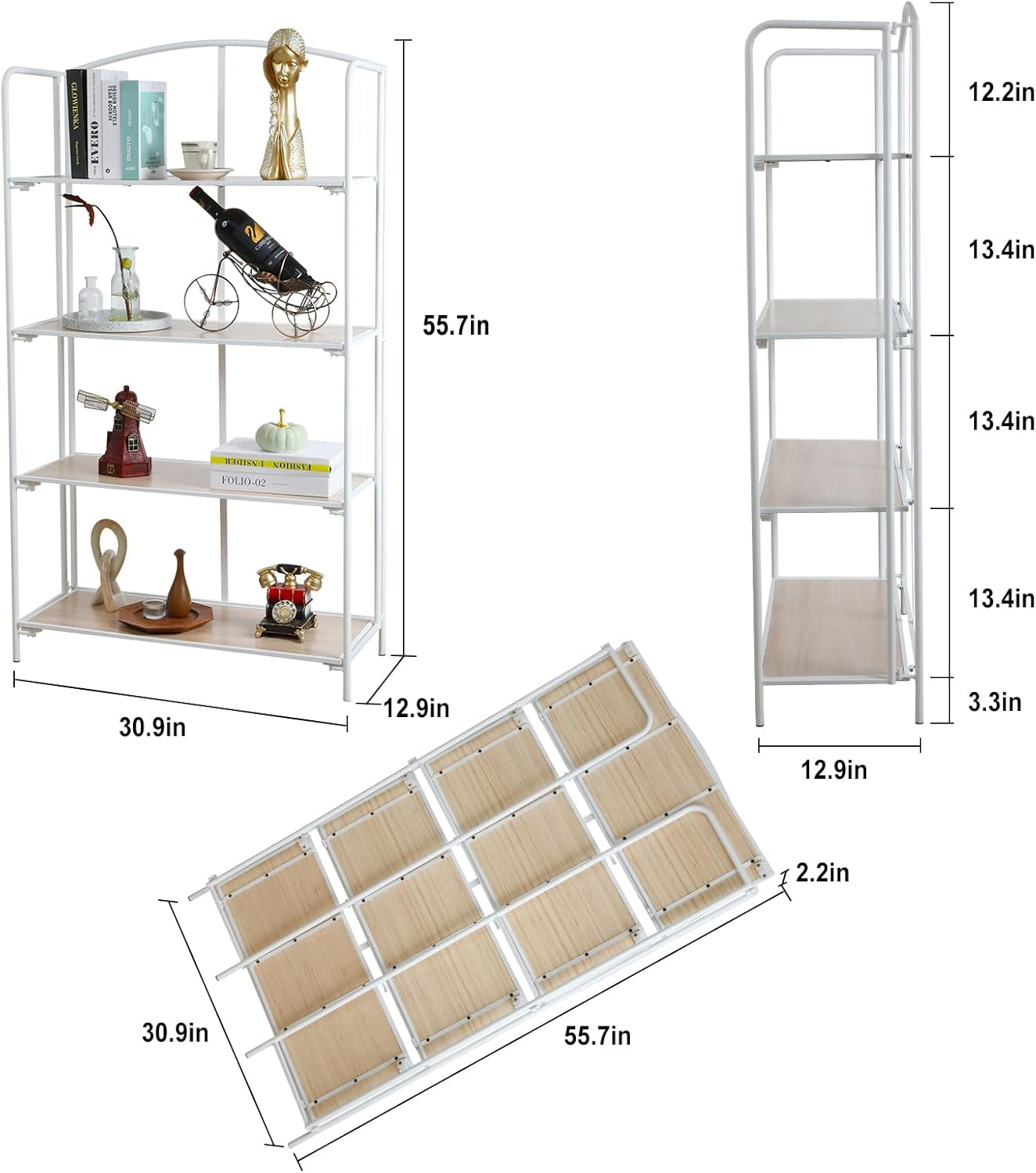 No Assembly Folding Bookshelf for Living Room, 4 Tier White Collapsible Book Shelf for Home Office, Portable Bookcase Storage Organizer-2