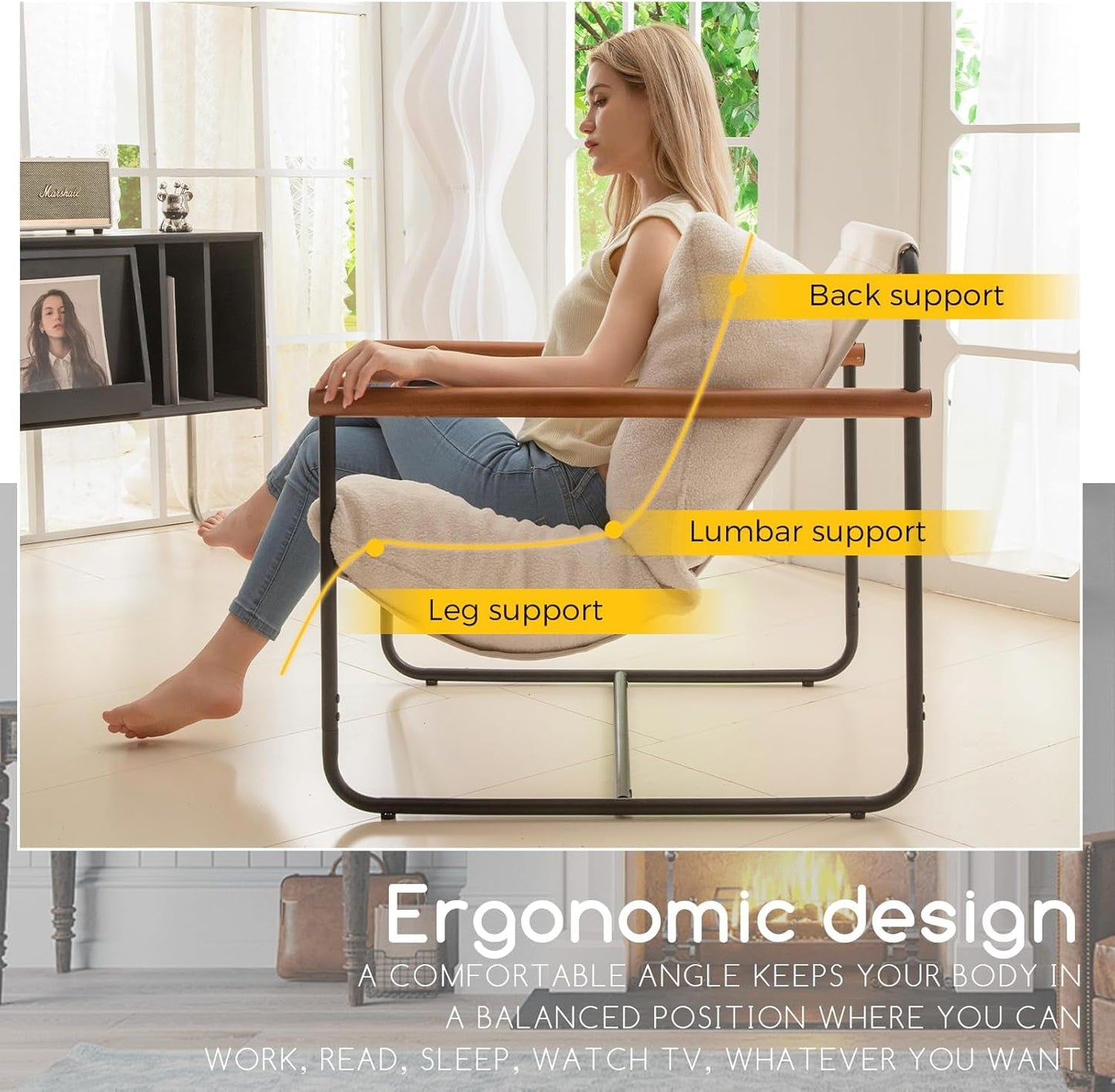 Modern Accent Chair, Living Room Chair with Wood Armrests, Shredded Foam Cushion, and Sturdy Metal Frame Reading Chair, Beige-4