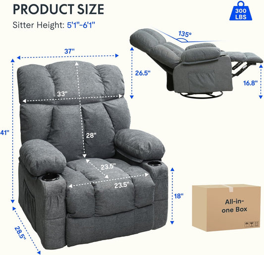 XRC3 Rocker Recliner Chair for Adults W/Massage & Heat, 360° Swivel Recliner Chair W/Cup Holders, USB Port, Manual Glider Rocking Chair for Living Room Nusery, Gray-1
