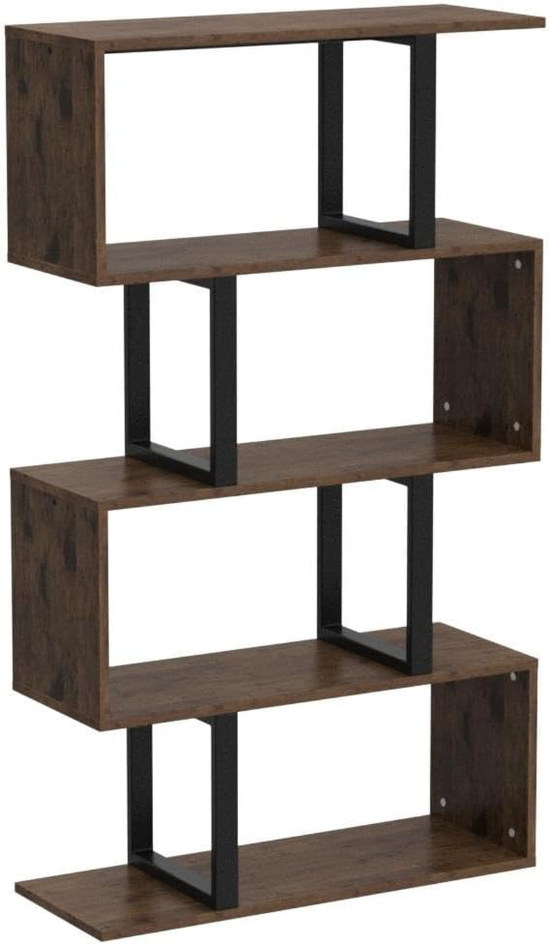 5-Tier Bookshelf, S-Shaped Z-Shelf Bookshelves and Bookcase, Industrial Freestanding Multifunctional Decorative Storage Shelving for Living Room Home Office, Retro Brown-4