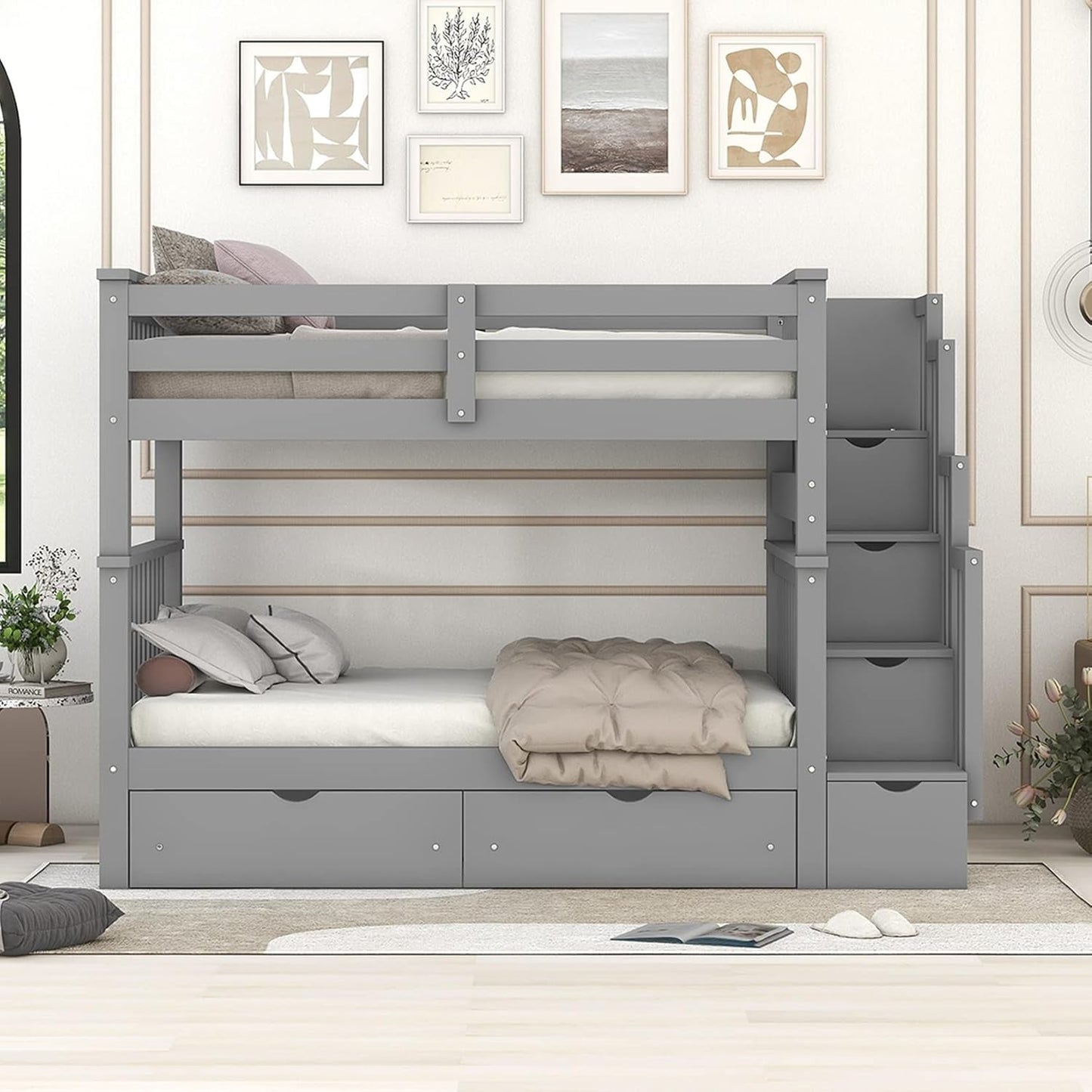 Full over Full Bunk Bed with Stairs, Wooden Bunk Bed with Storage Drawers, for Kids Teens Adults - Gray-4