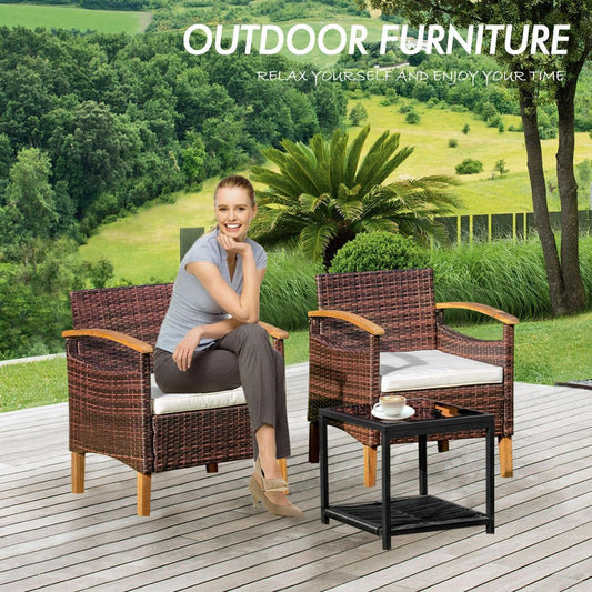 3PCS Outdoor Patio Furniture Set Outdoor Furniture Set with Table outside Lawn Patio Chairs Set of 2 Patio Conversation Sets Bistro Wicker Patio Set for Backyard Porch Balcony Garden (Brown)-1