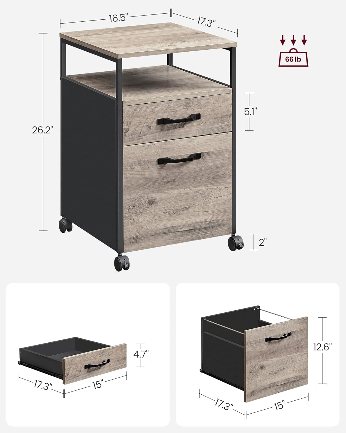File Cabinet, Mobile Filing Cabinet with Wheels, 2 Drawers, Open Shelf, for A4, Letter Size, Hanging File Folders, Heather Greige and Ink Black UOFC071B02-2