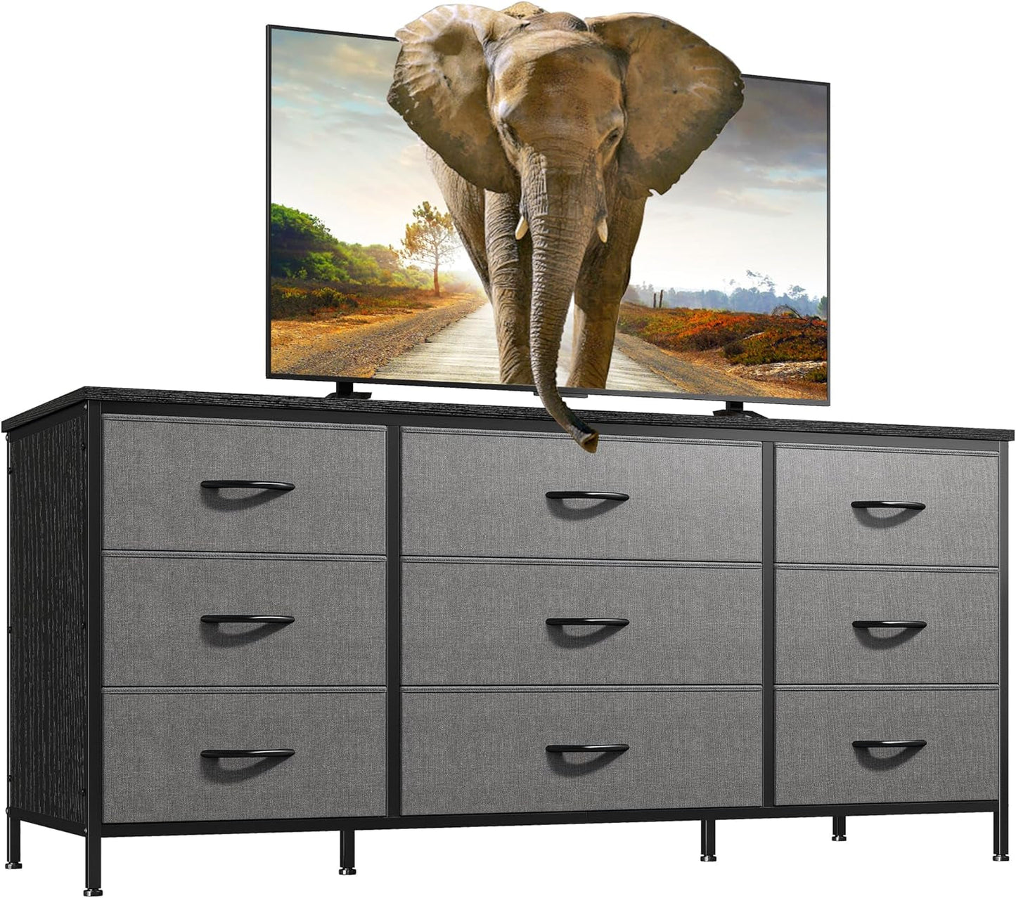 Dresser TV Stand with Drawers, Media Console Table for 60 '', TV Console with 9 Drawers for Bedroom, Entertainment Center with Sturdy Metal Frame & Wood Top, Living Room, Hallway, Grey-0