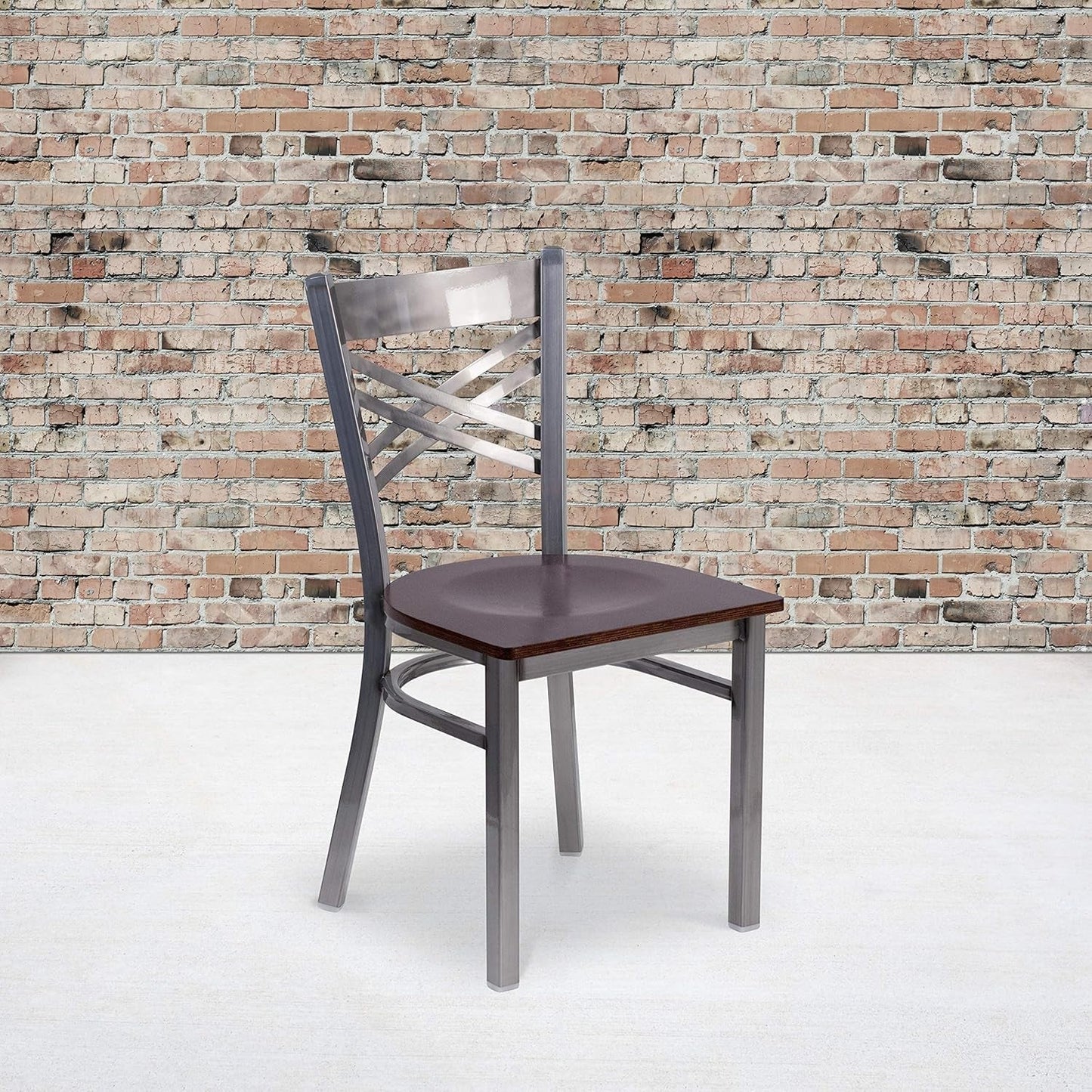 2 Pk. HERCULES Series Clear Coated ''X'' Back Metal Restaurant Chair - Walnut Wood Seat-0