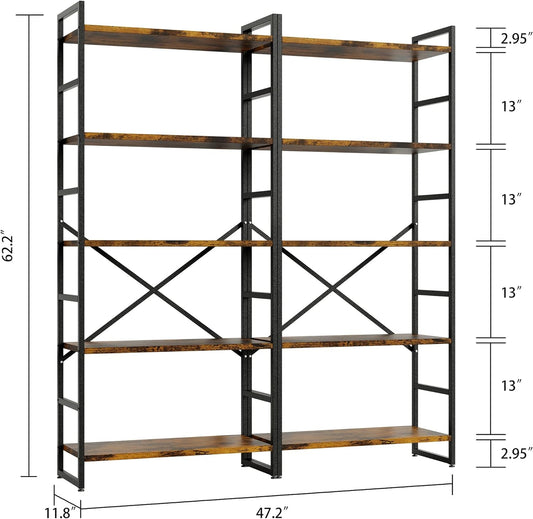 Pair 5 Shelf Bookcases: Tall Rustic Industrial-1