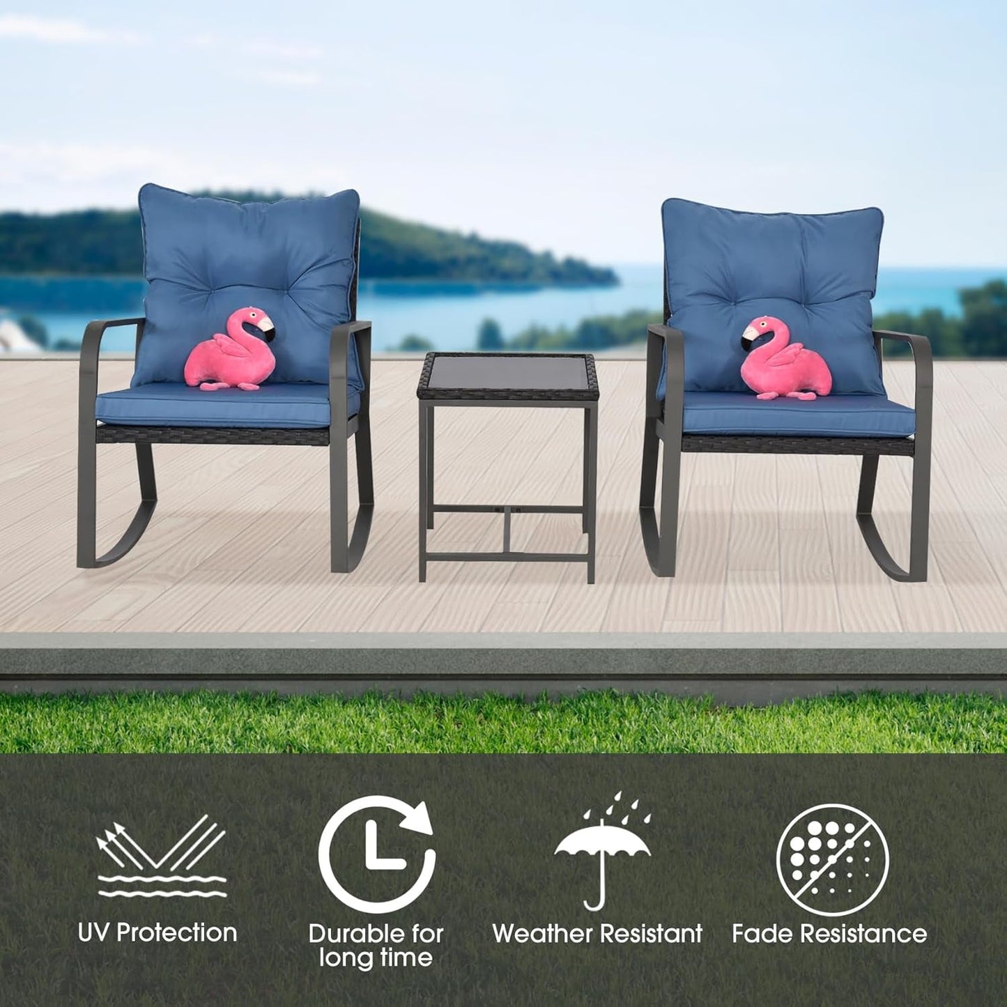 3 Pieces Patio Bistro Set Outdoor Rocking Chair W Cushion for Yard Garden Poolside (Blue)-1