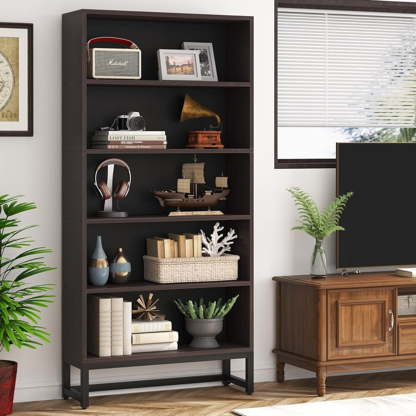 Tall Bookcase and Bookshelf, 70.8” Large Bookcases Organizer with 5-Tier Storage Shelves, Heavy Duty Free-Standing Library Bookshelf Shelving Unit for Living Room, Bedroom (Sandalwood)-2