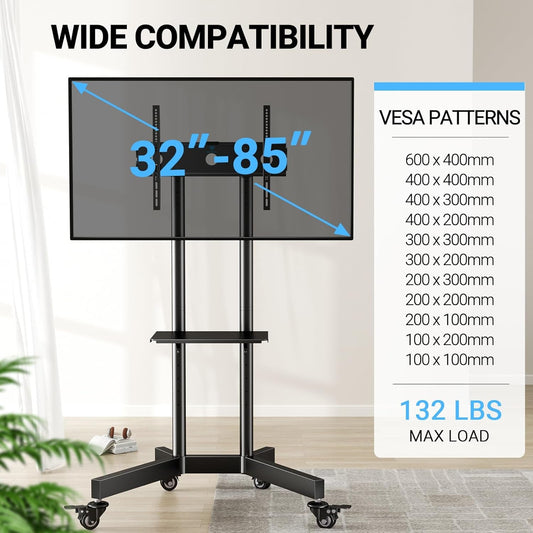 Rolling TV Stand for 32-85 Inch Tvs Holds up to 132 Lbs, Height Adjustable Mobile TV Cart with Wheels, Mobile TV Stand with Tray, Portable TV Stand for 4K Tvs Max VESA 600X400Mm PSTVMC01-1