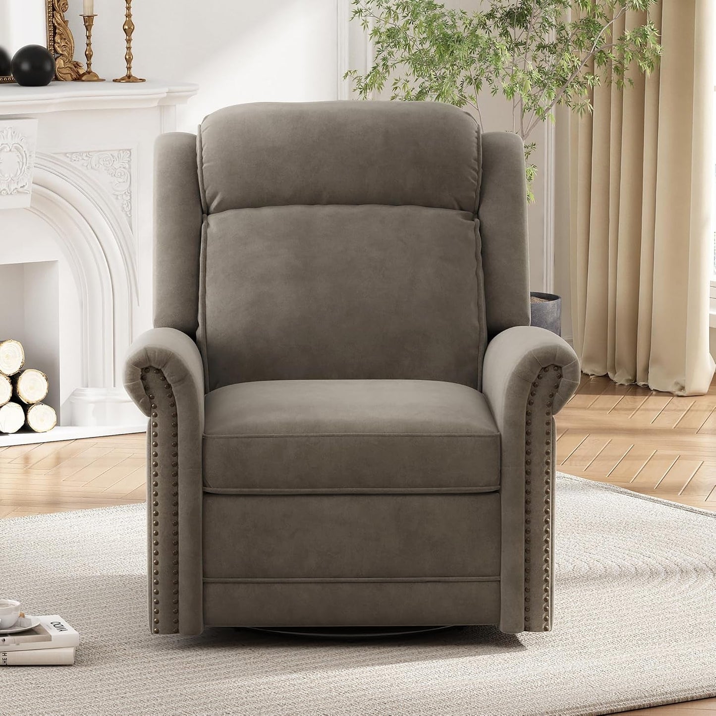 Light Brown Velvet Swivel Rocker Recliner Nailhead-0