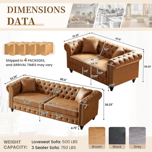2 Piece Living Room Sofa Set,Button Tufted Couch and Loveseat Set with Nailhead Trim&Roll Armrest,Upholstered Mid Century Modern Couch,Chesterfield Sofa for Living Room,Office(Loveseat+3 Seater,Brown)-1