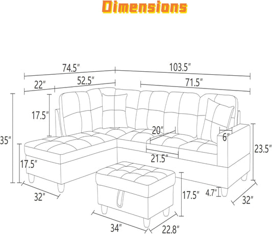 L Shaped Sectional Couch with Otttoman, 103" Sectional Sofa for Living Room Flannel Modular Couches with Cup Holders for Bedroom, Apartments, Beige &Brown-1