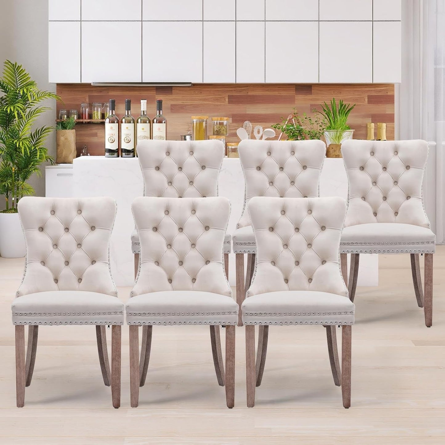 Velvet Dining Chairs Set of 6, Tall Back Side Chair, Modern Upholstered High-End Tufted Side Chair with Button Back Ring, Solid Wood Legs (Beige)-2