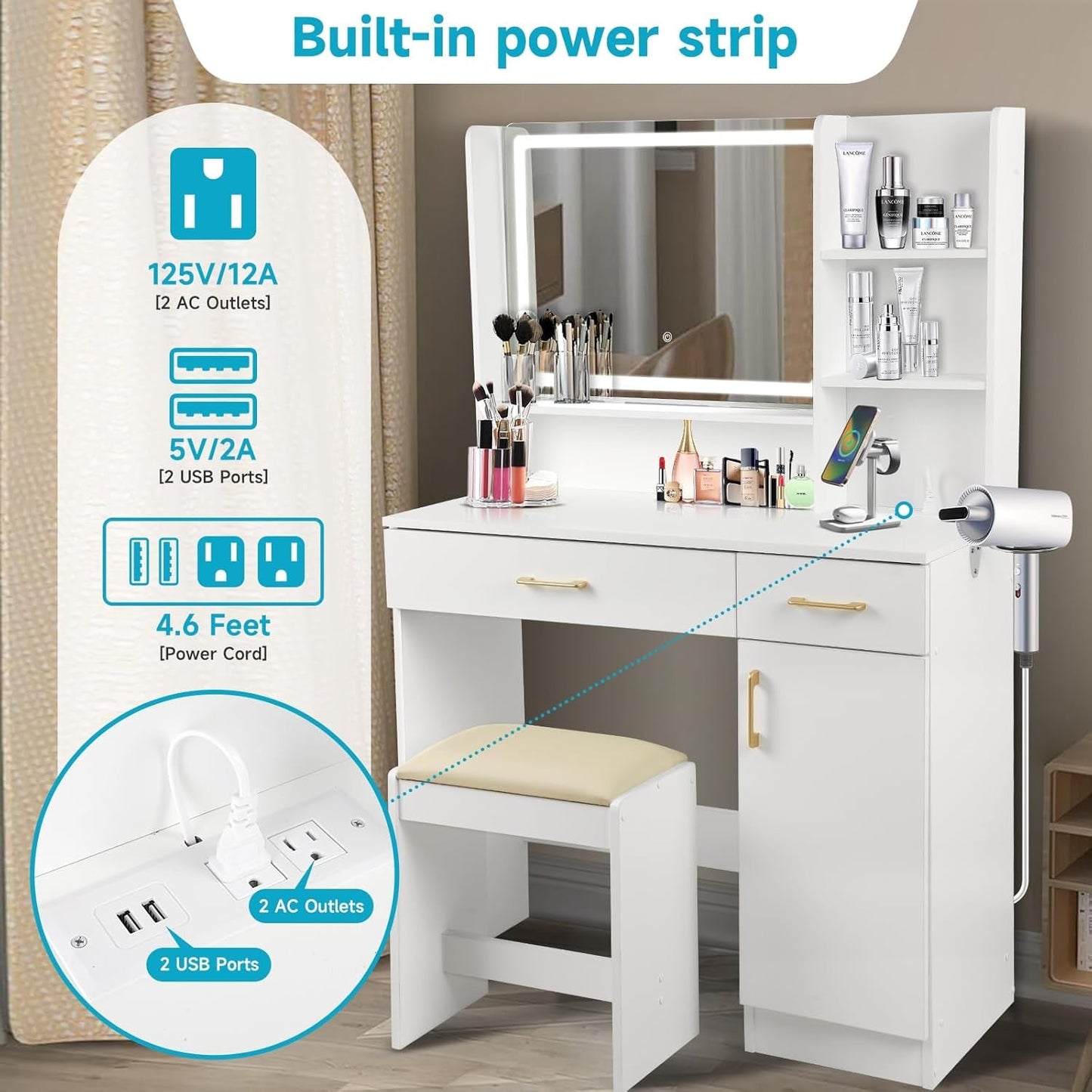 White Vanity Set Mirror, Lights, Drawers, Chair, Charge-2